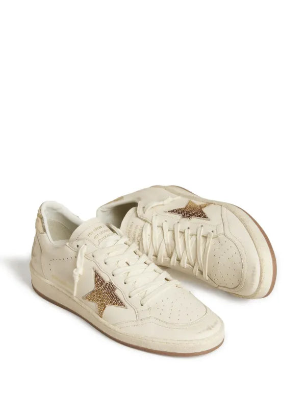 GOLDEN GOOSE WOMEN’S BALL STAR IN WHITE LEATHER WITH CRYSTAL STAR AND METALLIC HEEL TAB