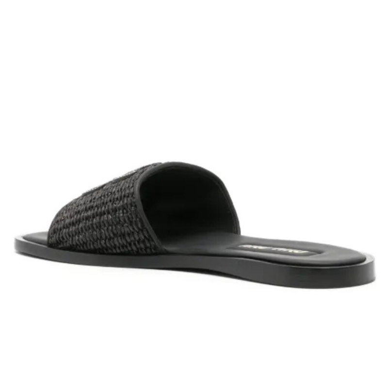 MIU MIU Raffia-effect woven fabric slides black