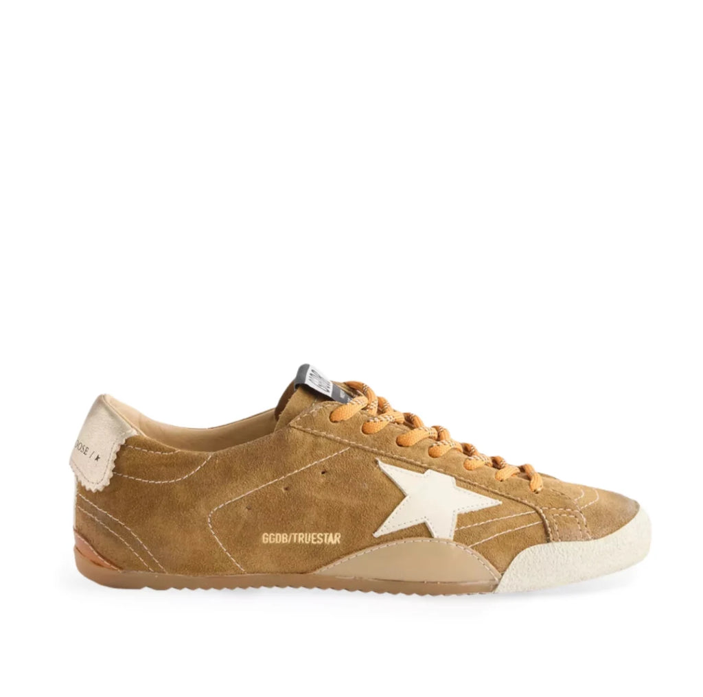 True-Star in tobacco-colored suede with white star and platinum heel tab