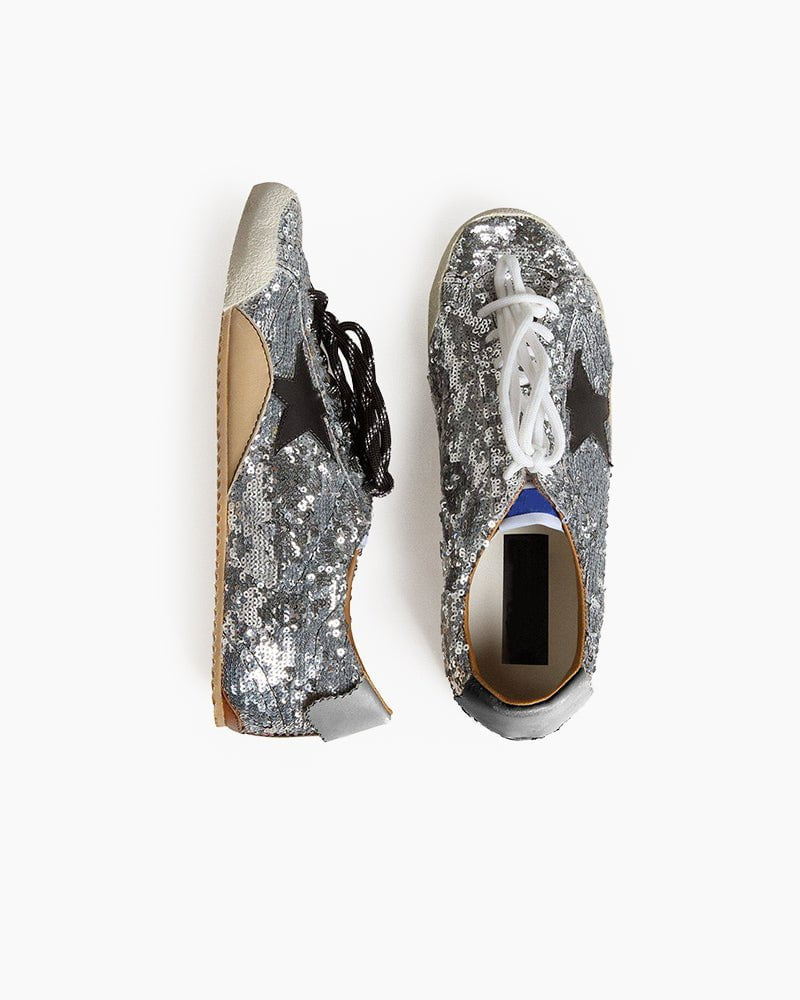 Women's True-Star in silver sequins with black star and silver leather heel tab
