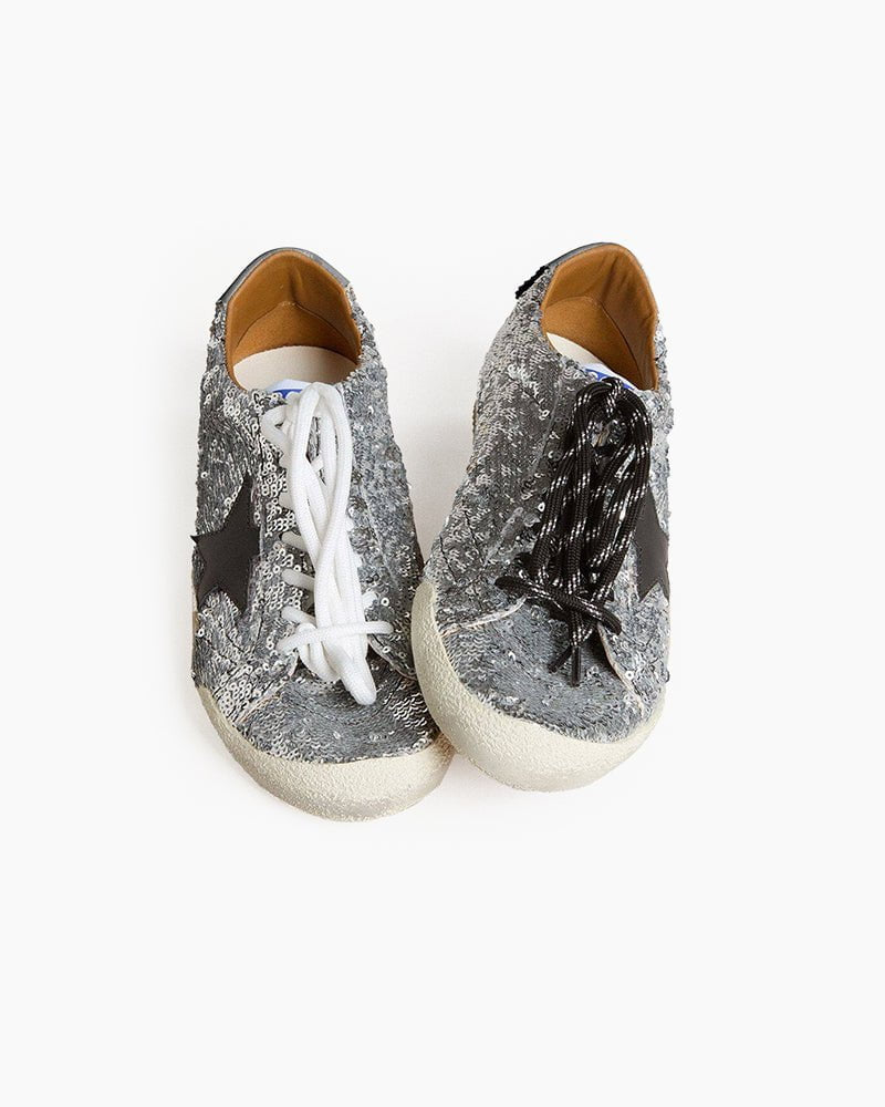 Women's True-Star in silver sequins with black star and silver leather heel tab