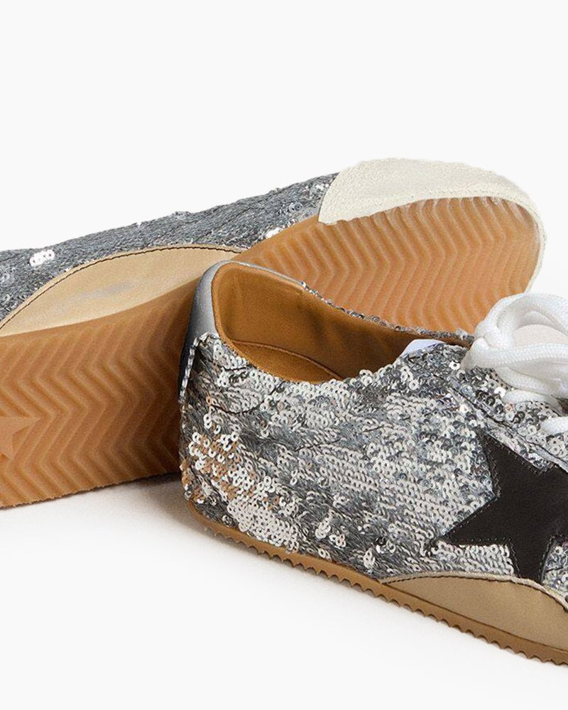 Women's True-Star in silver sequins with black star and silver leather heel tab