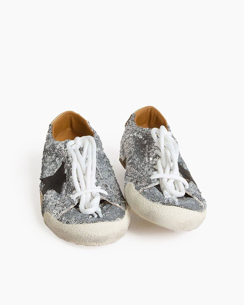 Women's True-Star in silver sequins with black star and silver leather heel tab