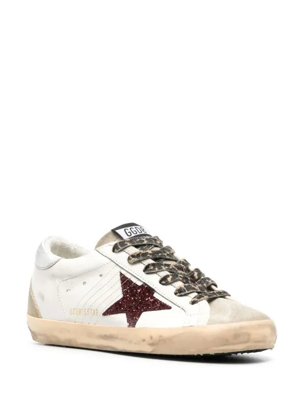 Golden Goose Super-Star With Burgundy Glitter Star And Silver Heel Tab