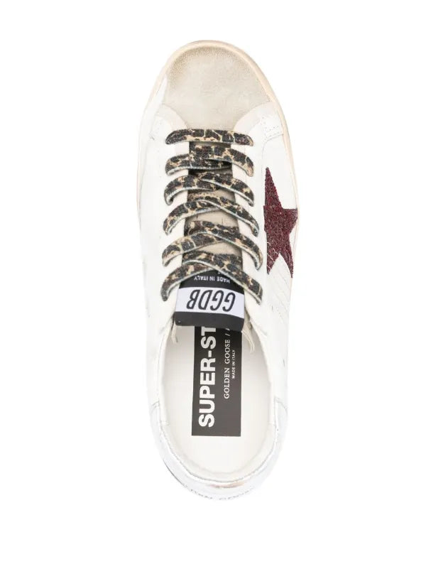 Golden Goose Super-Star With Burgundy Glitter Star And Silver Heel Tab